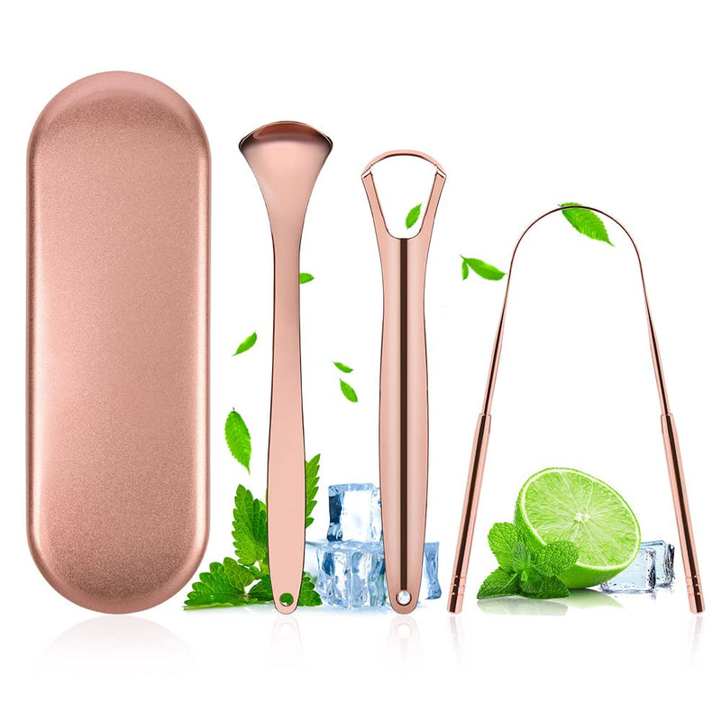 Acwoo Tongue Cleaner, 3 Piece Tongue Scraper Stainless Steel Set, Rose Gold Toungescraper For Adults Oral Care, Tongue Scraper Against Bad Breath Tongue Brush Heals Bad Breath (Rose Gold) - NewNest Australia