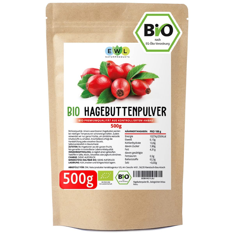 EWL Natural Products Rosehip Powder Organic 500g, Rosehip Powder in Raw Food Quality, Organic Rosehip Powder from Controlled Organic Cultivation, Vegan 500.00g (Pack of 1) - NewNest Australia