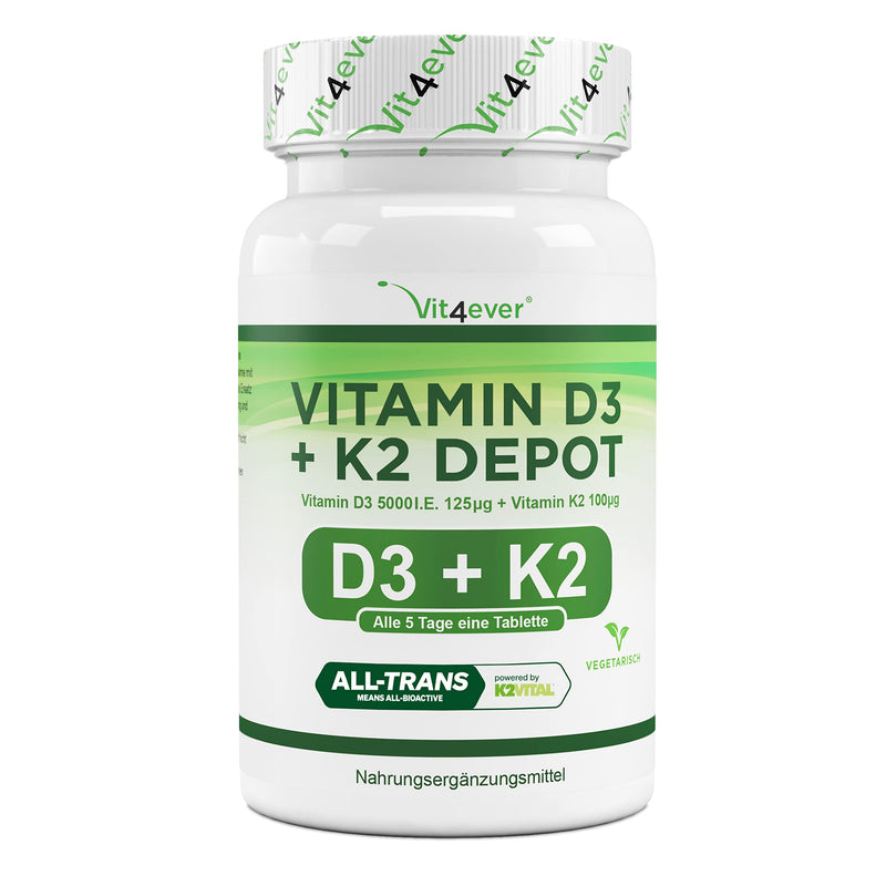 Vitamin D3 + K2 Depot - 180 tablets - Premium raw material: 99.7+% All-Trans (K2VITAL® from Kappa) - With 5000 IU vitamin D3 per tablet - Laboratory tested - High dosage 180 pieces (pack of 1) - NewNest Australia