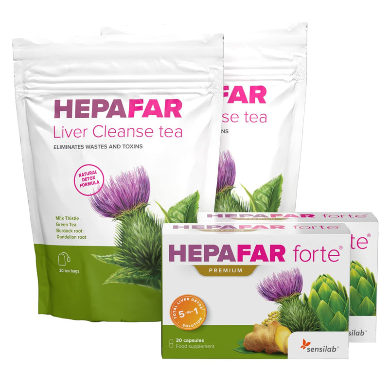 Hepafar liver detox package - milk thistle, artichokes, green tea, dandelion complex - vitamin E, phospholipids - 60 capsules, 40 tea bags for 30 days - Innovative patented detoxification - Sensilab Hepafar liver detox package - NewNest Australia