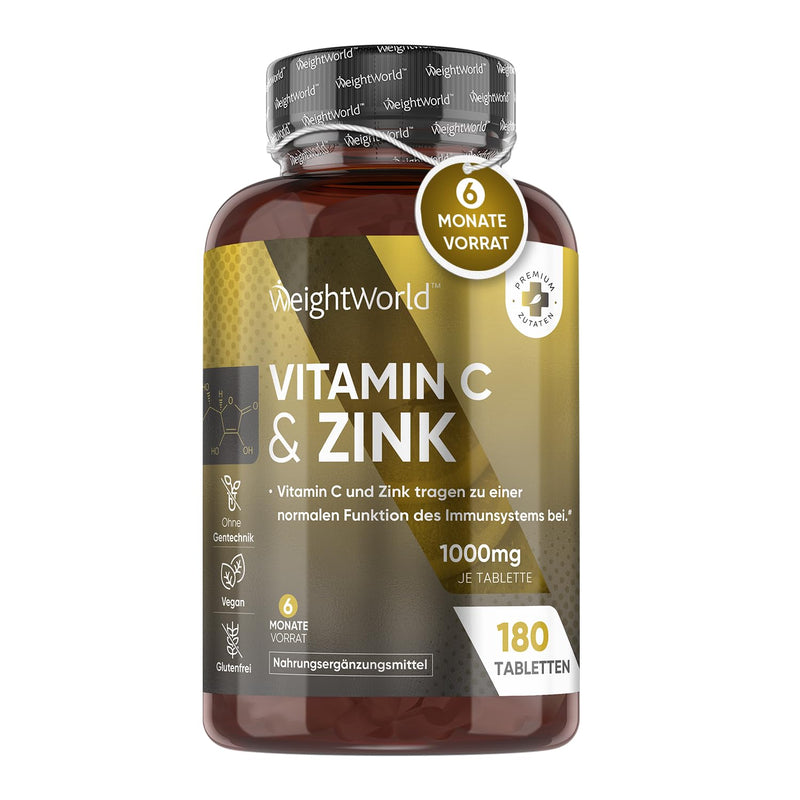 Vitamin C with Zinc Tablets - 1000mg - 6 Month Supply - For Immune System, Energy, Bones, Skin & Metabolism (EFSA) - 180 Vegan Tablets - Alternative to Capsules & Powder - Vit C from WeightWorld Vitamin C with Zinc - NewNest Australia