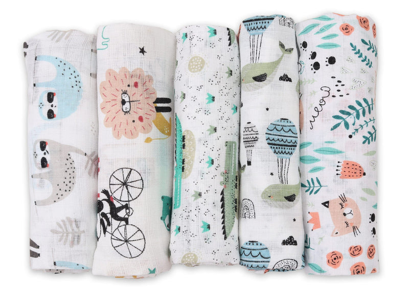 Fensilo Baby Burp Cloths - Muslin Cloths - Cloth Diapers - Pack Of 5 70 X 80 Cm Made In Eu, Tested For Harmful Substances - Burp Cloths Baby Boy Girl Cloth With Cat - Crocodile - White - F5/4 80 X 70 Cm (Pack Of 5) - NewNest Australia