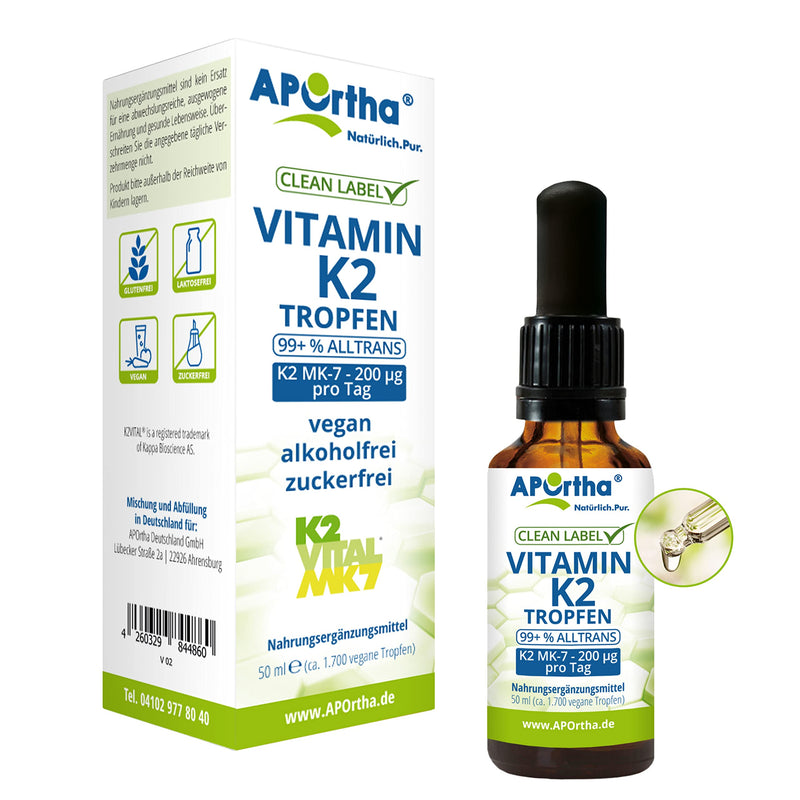 APOrtha® Vitamin K2 MK-7 drops (K2VITAL®) 50 ml, 200 µg per daily dose of 10 drops, approx. 1,700 vegan K2 drops 99+% ALL-Trans, high dosage, allergen-free, alcohol-free, sugar-free, gluten-free - NewNest Australia