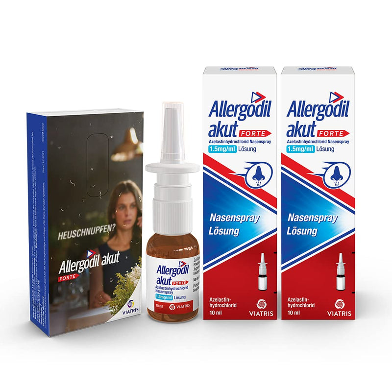 Allergodil Akut Forte nasal spray double pack: Azelastine spray for hay fever & non-seasonal allergic rhinitis, 1.5 mg / 1 ml solution, 2 x 10 ml + tissue pack 1.5 mg 10 ml (pack of 2) - NewNest Australia