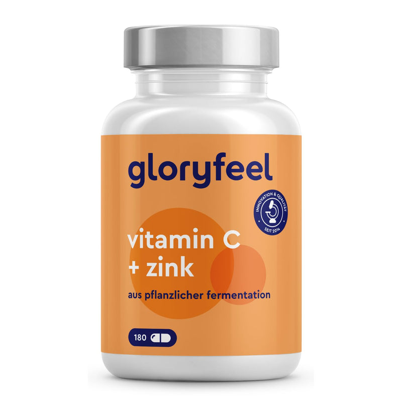 gloryfeel vitamin C and zinc tablets - 1,000 mg vitamin C from calcium L-ascorbate + 20 mg zinc citrate - 180 capsules - best combination for the immune system and protection against stress * - vegan immune complex - NewNest Australia