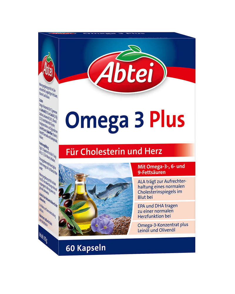 Abtei Omega 3 Plus - Dietary Supplement Rich In Omega-3 Fatty Acids For Cholesterol Levels And Heart Function - With Vitamin E And Folic Acid - 1 X 60 Capsules - NewNest Australia