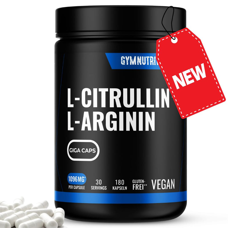 L-Arginine + L-Citrulline - 180 capsules - High dose 1096 mg per capsule - Citrulline + Arginine Base - GIGA CAPS - Premium amino acid vegan - - NewNest Australia