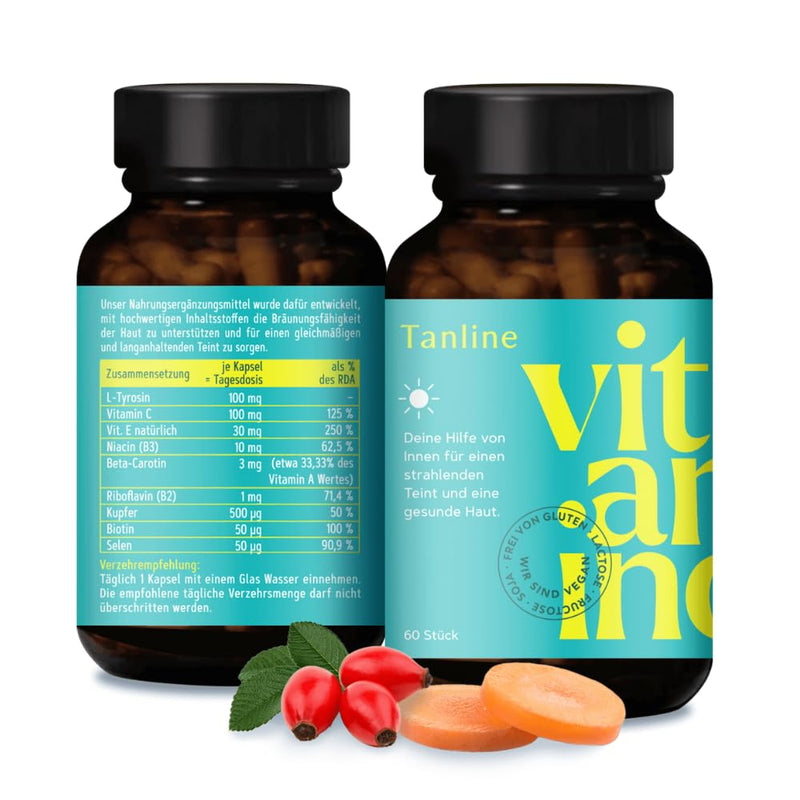 Vitamino Tanline - beta-carotene capsules with L-tyrosine, vitamins, biotin, selenium, tanning capsules, vegan, gluten-free, lactose-free - 60 capsules - NewNest Australia
