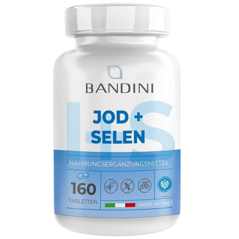 Bandini® Iodine + Selenium | 160 tablets each with 225µg potassium iodide + 100µg selenium L-methionine | Hair, skin, nails, thyroid | Laboratory tested, high dosage, vegan, GMO-free, no additives - NewNest Australia