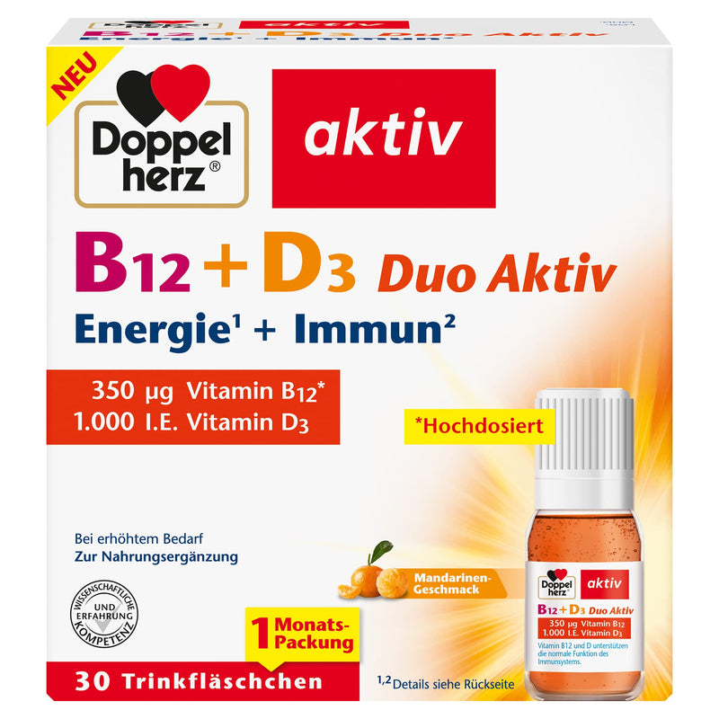 Doppelherz B12 + D3 Duo Active - High dosage with vitamin B12 + D3 to support normal function of the immune system - 30 drinking bottles, liquid 30 pieces (pack of 1) - NewNest Australia