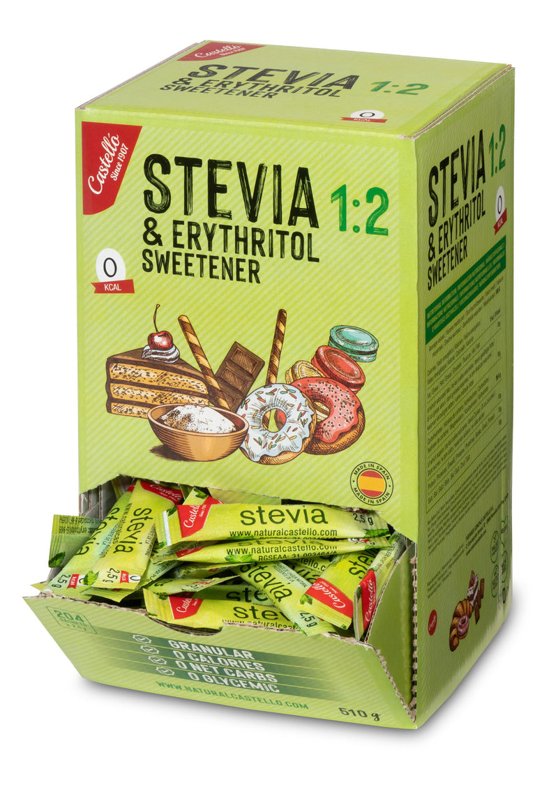 Stevia + Erythritol 1:2 Sweetener | 204 Bags Of 2.5G | 100% Natural Sugar Substitute - 0 Calories - 0 Glycemic Index - Keto And Paleo - 0 Carbohydrates - No Gmo - Castello Since 1907-510 G - NewNest Australia