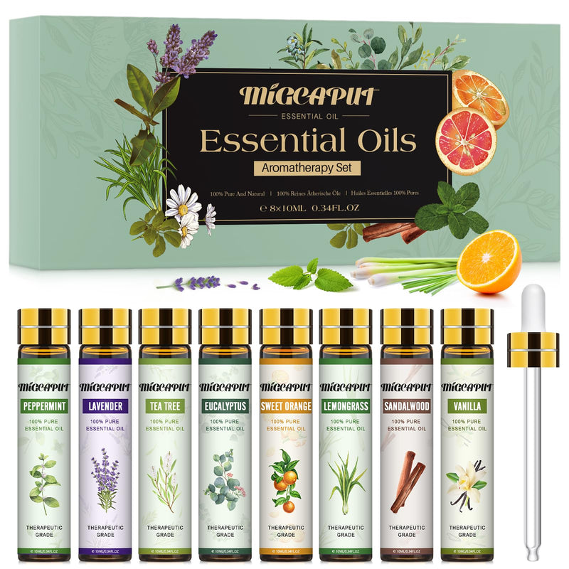 Migcaput Diffuser Essential Oils, 8 X 10 Ml Essential Oils Set, 100% Natural Essential Oils, Aroma Oil, Tea Tree, Lavender, Eucalyptus, Lemongrass, Vanilla, For Diffuser, Humidifier, Massage - NewNest Australia