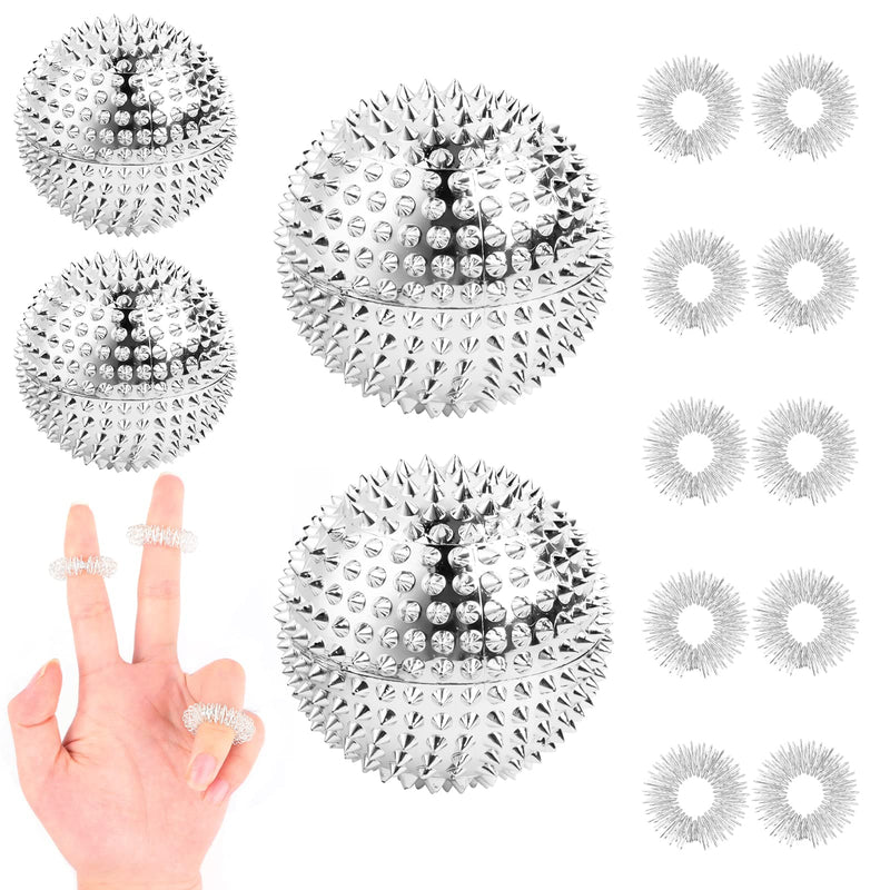 Pack Of 4 Acupressure Ball With 10 Pieces Acupressure Ring Finger, Skills Ring Acupressure Rings Magnetic Spiked Massage Ball Metal Small Skills Borderline Set Hedgehog Balls Massage Rings For Stress Relief Silver - NewNest Australia