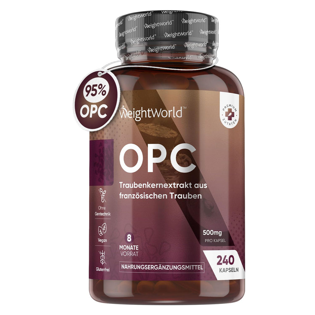 OPC grape seed extract capsules - 240 pieces for 8 months supply - 95% pure OPC (Oligomeric Proanthocyanidins) - 500mg grape seed extract per vegan capsule from French grapes - WeightWorld OPC capsules - NewNest Australia