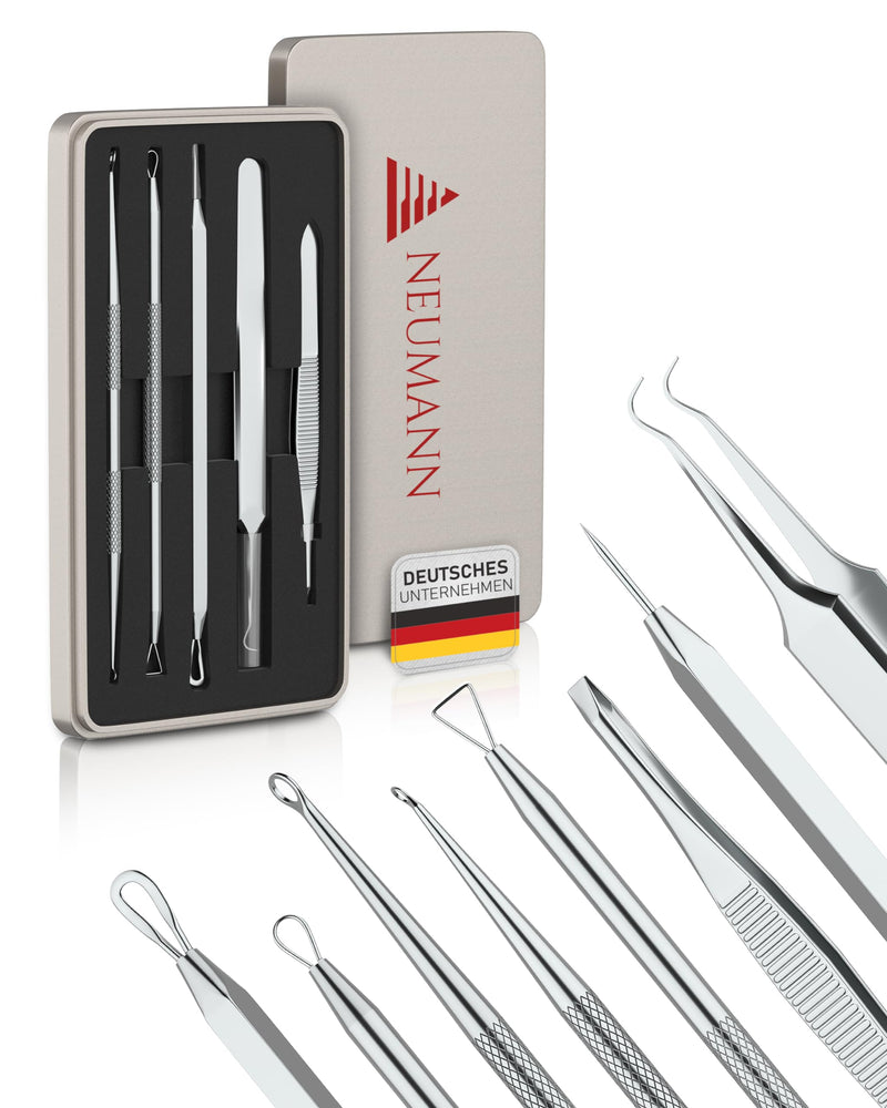 Neumann Blackhead Remover Set (Stainless Steel) For Removing Pimples, Blackheads Etc. - Comedone Squeezer, Lifter, Remover - Various Tools: Loops, Tweezers, Lancet [Silver] - NewNest Australia
