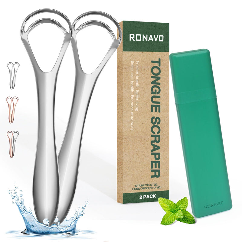 Ronavo Tongue Scraper, 2023 New Upgrade, With Double Scraper Head (Travel Case Included), Stainless Steel Tongue Cleaner, Bad Breath Away, Improves Oral Hygiene, Easy To Clean Silver - NewNest Australia