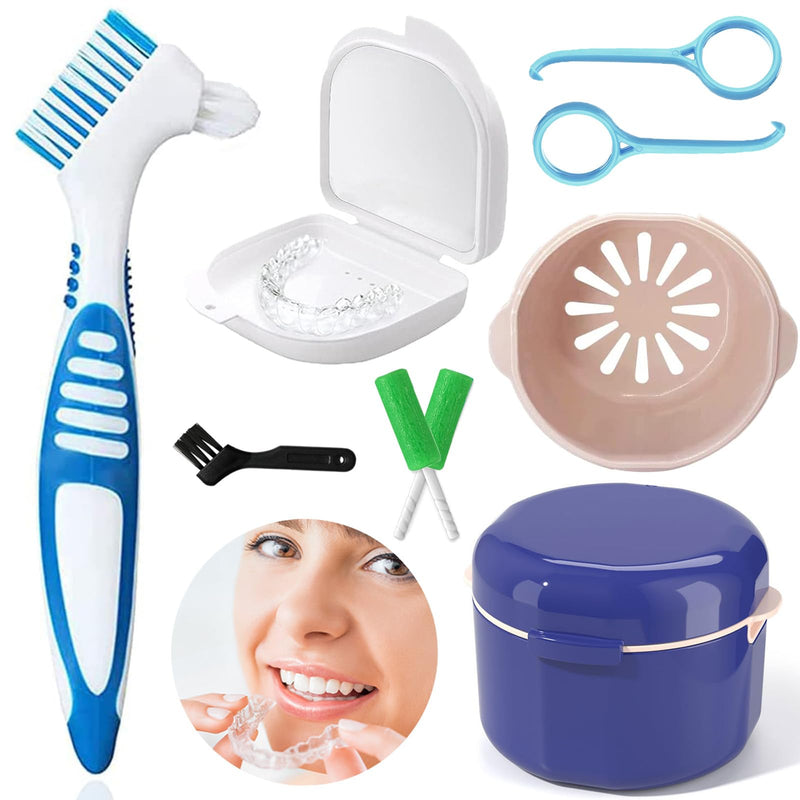 Denture Brush Set, Denture Container, Denture Bath Box, Denture Box With Mirror, With 2 X Aligner Removal Tools For Braces Or Dentures, Cleaning And Storing For Travel, Blue - NewNest Australia