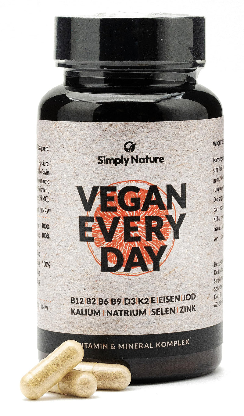 Vegan Every Day - Food Supplement - 4 Months - 13 Ingredients - B12 + B2 + B6 + B9 + D3 + K2 + E + Iron + Iodine + Potassium + Sodium + Selen + Zinc - High Dosage - 120 Capsules - Vegan - Made In Germany - NewNest Australia