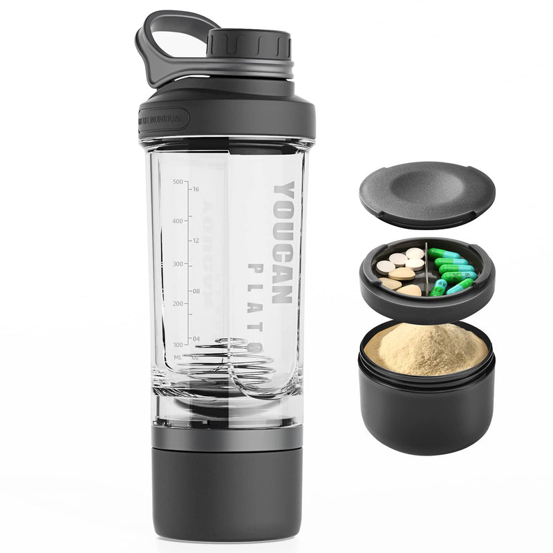 YOUCAN PLATO Shaker Protein Shaker, Protein, Protein Shaker with Powder Compartment and Ball, Shake Cup, Fitness, Shake Cup, Bottle Dishwasher Safe, BPA Free, with Tritan, 620ML Black Black 1 - NewNest Australia