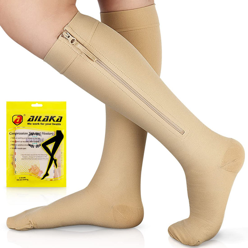 Ailaka Compression Stockings with Zipper for Women Men, 20-30 mmHg Medical Class 2 Compression Socks Support Stockings with Zipper for Varicose Veins, Edema, Recovery, Pregnant Women Medium (1 Pair) Bejge - NewNest Australia