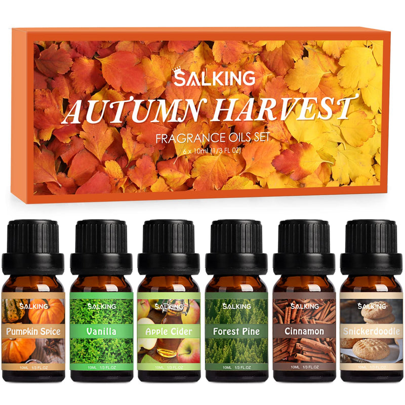 Salking Autumn Essential Oils Set, 6 X 10 Ml 100% Organic Aromatherapy Fragrance Oil Gift Set For Diffuser, Humidifier, Massage, Pumpkin Spice, Vanilla, Wild Pine, Cider, Cinnamon, Cinnamon Biscuits - NewNest Australia