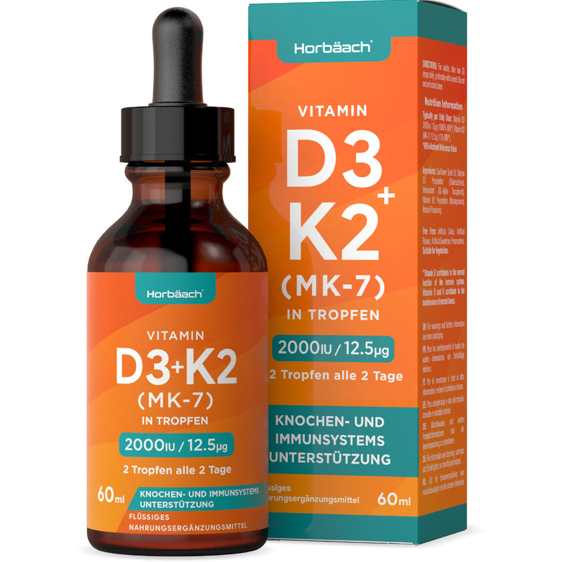 Vitamin D3 K2 drops high dose | 60ml | 2000 IU D3 + 12.5 mcg K2 MK7 | Liquid drops | Bone Health and Immune Support | by Horbaach - NewNest Australia