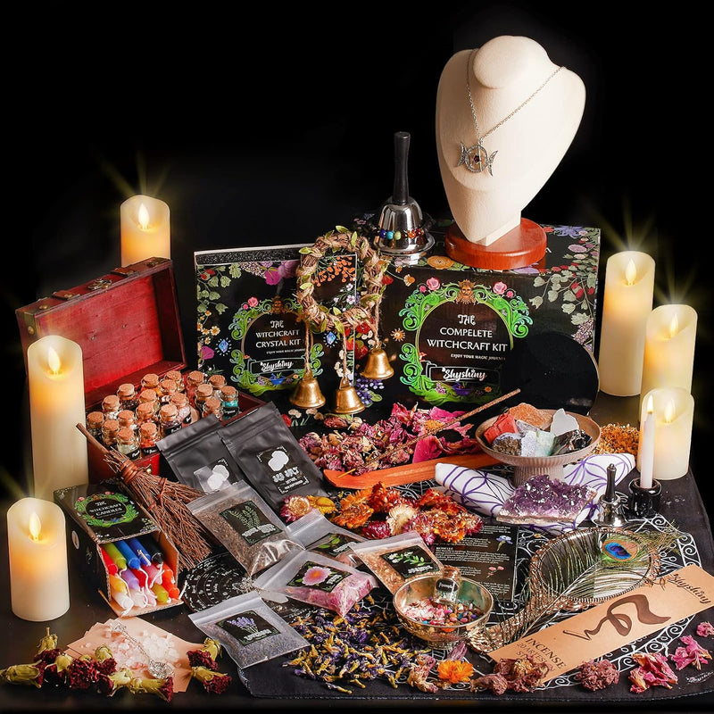 Vipnaji Starter Witch Kit 64 Pieces Witchcraft Kit, Small Candles, Dried Flowers, Crystals, Measuring Spoons, Parchment Paper, Tumbled Gemstone Crystal Chips For Chimes, Magic, Witchcraft, Make A Wish, Rituals