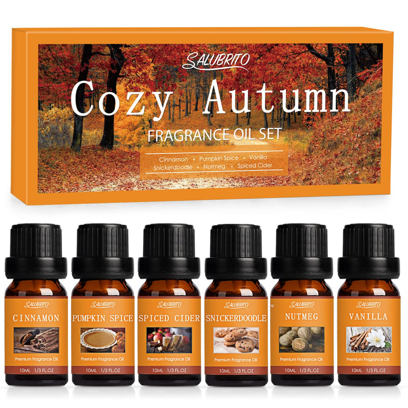 Salubrito Autumn Essential Oils Set For Diffuser, Natural Pure Aromatherapy Fragrance Oil For Diffuser 6 X 10 Ml - Cinnamon, Pumpkin Spice, Seasoned Cider, Snicker Doodle, Vanilla, Nutmeg - NewNest Australia