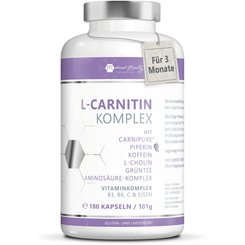 180 Capsules L-Carnitine Complex From Carnipure - With Green Tea, Caffeine And Piperine - Vegan L-Carnitine Capsules High Dose For Normal Metabolism With Choline, Lysine, Vitamin B3, B6, C. - NewNest Australia