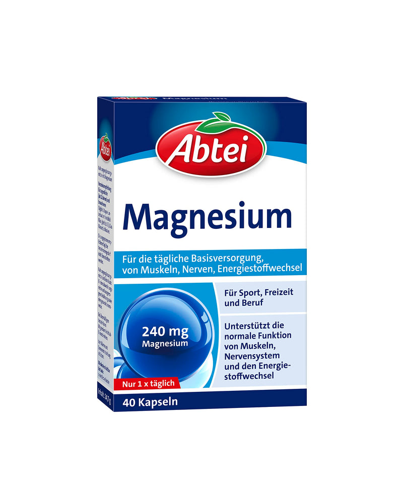 Abbey Magnesium - for sport, leisure and work - for a daily basic supply of magnesium for muscle and nerve function - with 240 mg magnesium - 1 x 40 capsules - NewNest Australia