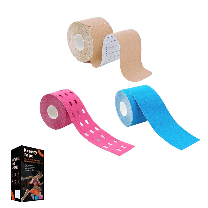 Kreezy Waterproof Athletic Tapes 3 Rolls With 3 Types, Breathable Kinesilogy Tape To Relieve Muscle Pain And Joint Support, Designed With Hypoallergenic Materials - NewNest Australia