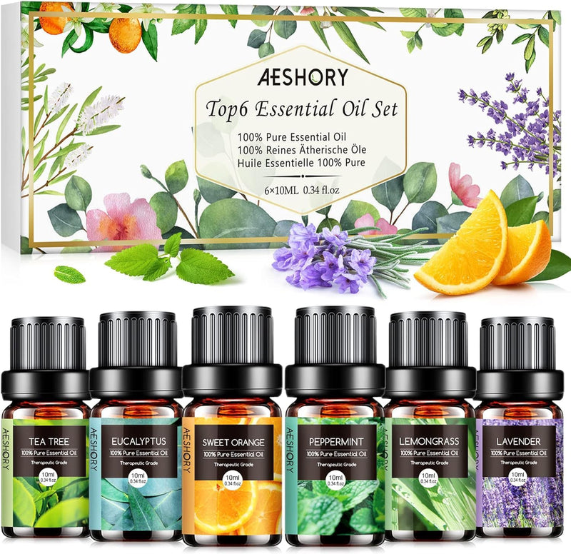 Aeshory Essential Oils Set For Diffuser 6 X 10 Ml, 100% Natural Aromatherapy Fragrance Oil, Aroma Oil Gift Set For Soap, Candles, Humidifier, Spa - Lavender, Mint, Tea Tree, Sweet Orange, Eucalyptus - NewNest Australia