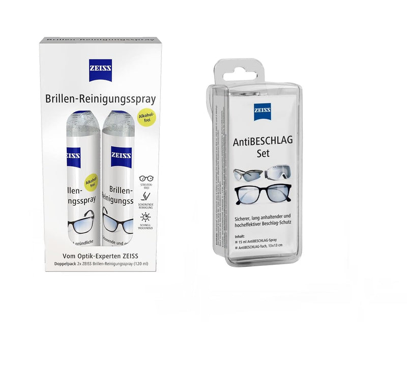 ZEISS set consisting of 1x alcohol-free glasses cleaning spray double pack 2x 120ml and 1x ZEISS anti-fog spray with 15ml content - NewNest Australia