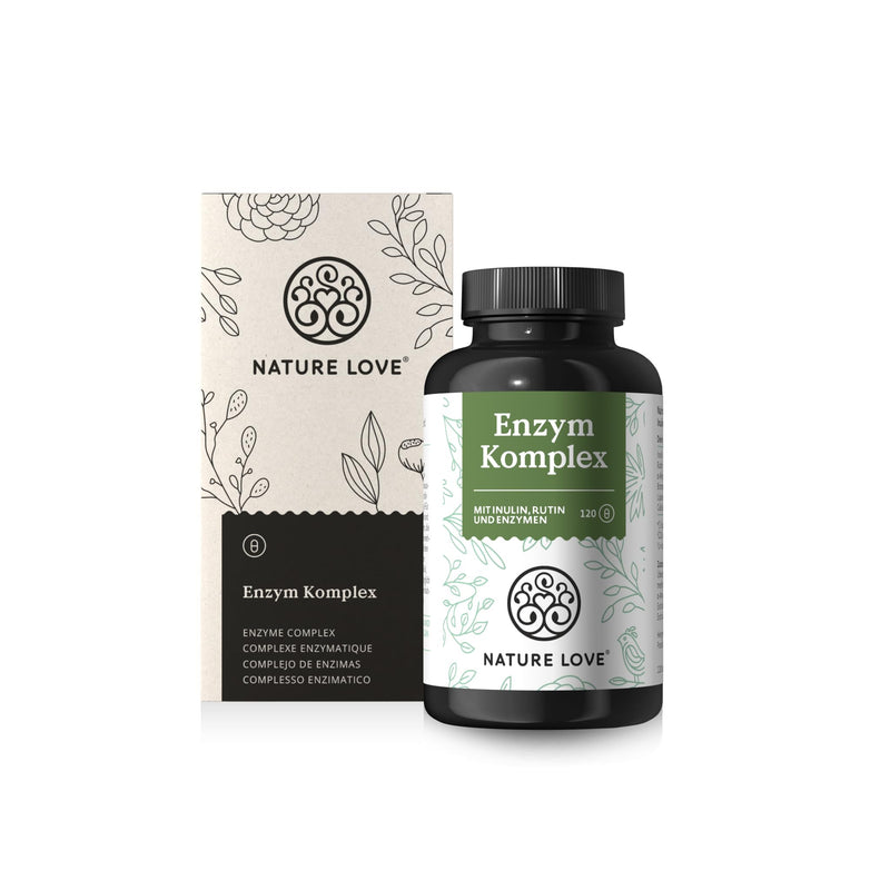 NATURE LOVE® enzyme complex - 120 capsules - including lipase & α-amylase | with bromelain, rutin, cellulase and inulin - digestive enzymes in a 4 month supply - vegan, laboratory tested - NewNest Australia