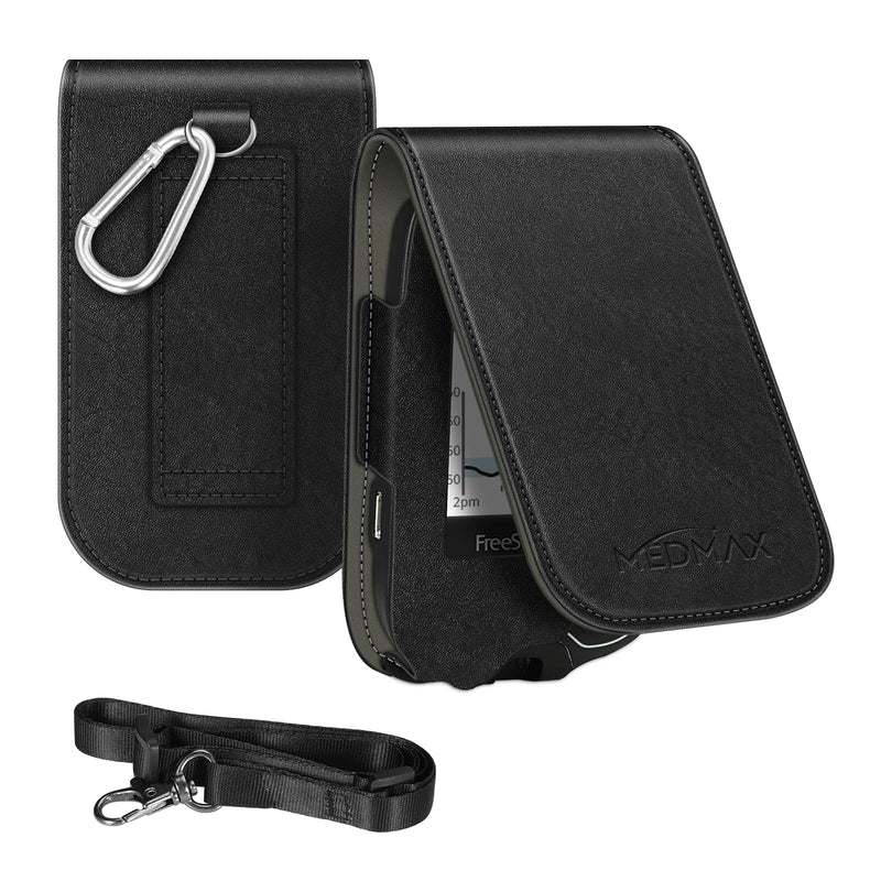 Medmax Case For Freestyle Libre 3/Libre 2/Libre Reader Blood Glucose Monitor, Case With Neck Holder For Hanging, Faux Leather Protective Cover With Carabiner Clip For Diabetics, (Black) - NewNest Australia