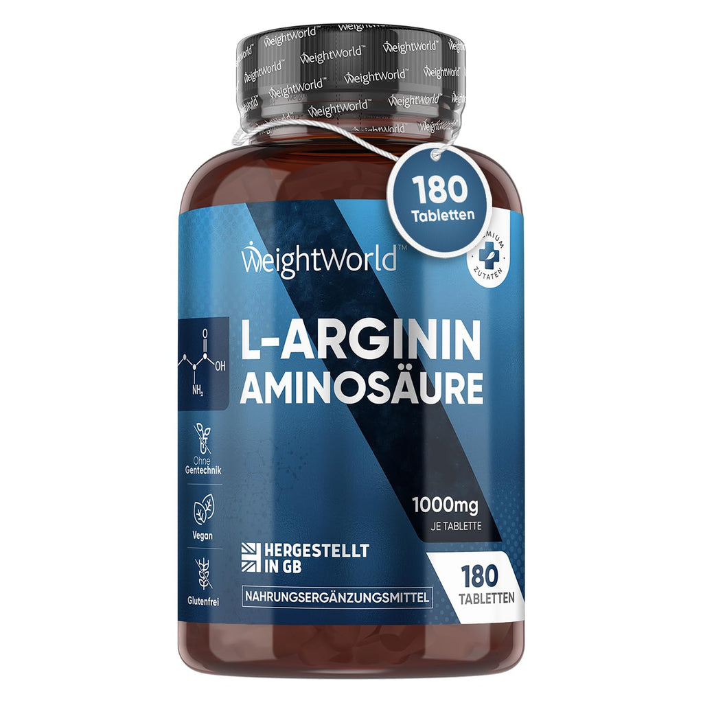 Pure L-Arginine - 1000mg per vegan tablet - 6 month supply for sports & energy - Essential amino acid as a protein building block - Alternative to L Arginine powder & capsules - 180 pieces - WeightWorld L-Arginine tablets - NewNest Australia