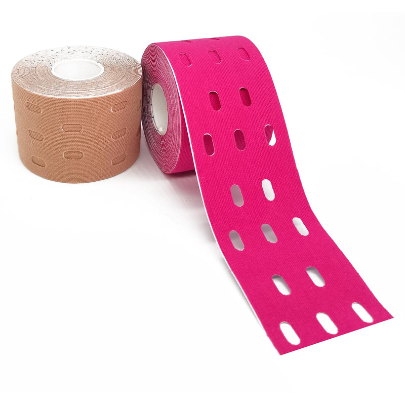 2 Rolls Kinesiotapes - Perforated Design Kinesiology Tape - Stronger Breathability Sports Tape Professional Physio Tape Waterproof Elastic Self-Adhesive Bandage 5 Cm X 5 M Red + Skin Colour - NewNest Australia