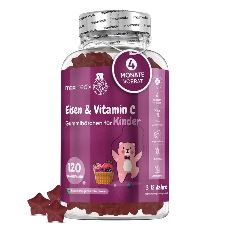 Iron & Vitamin C for Children - 7mg Iron - 4 Month Supply - Increase Iron Absorption with 10mg Vitamin C - Vegan Gummy Bears with Berry Flavor - Immune System, Bones, Teeth & Growth - maxmedix - NewNest Australia