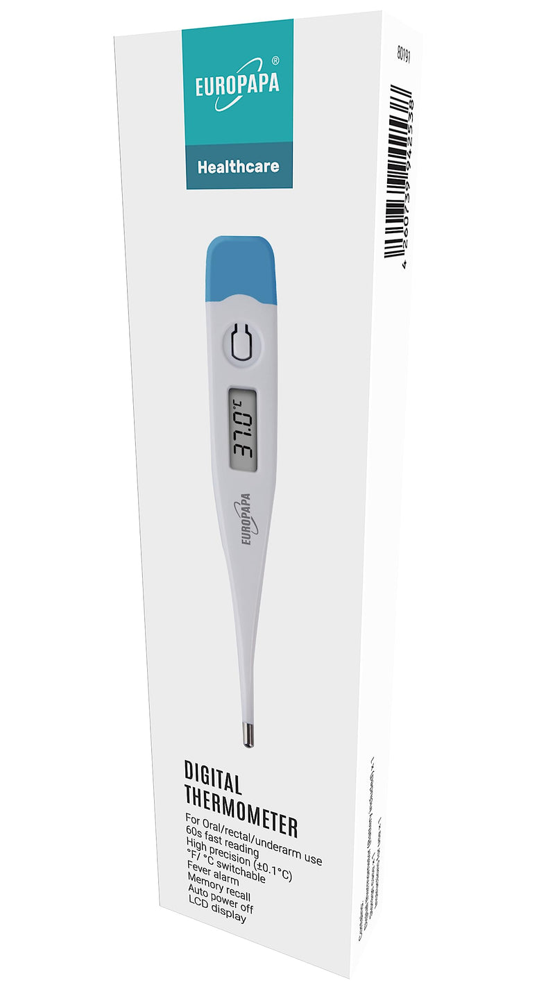 Europapa Digital Fever Thermometer For Babies, Children And Adults, Thermometer For Oral, Axillary Or Rectal, Waterproof With Fever Alarm (Light Blue) Light Blue - NewNest Australia