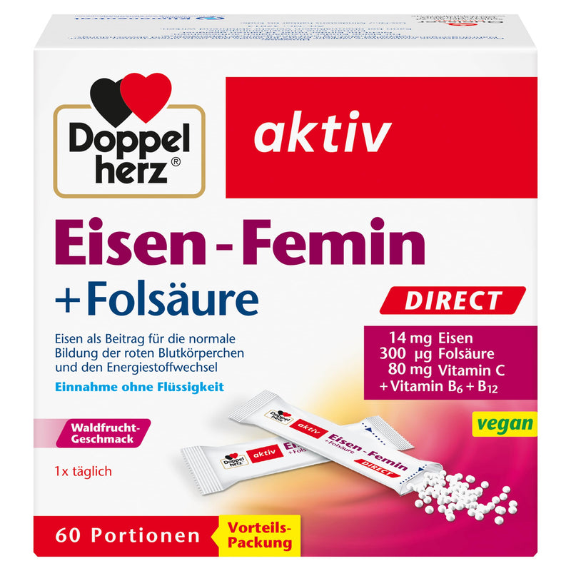 Doppelherz Eisen-Femin DIRECT with vitamin C + B6 + B12 + folic acid - 14 mg iron for the normal formation of red blood cells - 60 portions Micro pellets 60 portions (pack of 1) - NewNest Australia