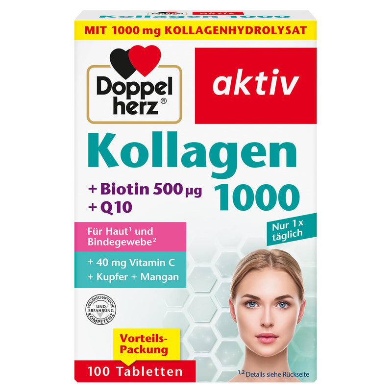Doppelherz Collagen 1000 + Biotin + Q10 - Manganese and copper contribute to normal connective tissue formation - 100 tablets - NewNest Australia