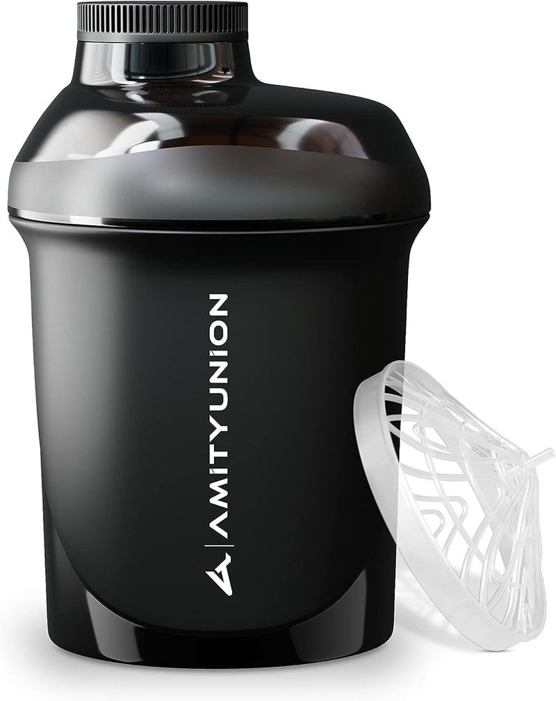 AMITYUNION protein shaker 400 ml with sieve protein shaker - small protein shaker leak-proof - BPA free, with scale for creamy whey protein powder shakes, protein BCAA concentrates in black midnight - NewNest Australia