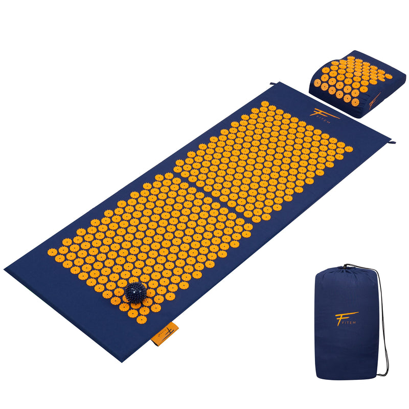 Acupressure Set Xl Fitem - Acupressure Mat + Pillow + Massage Ball - Relieves Back And Neck Pain - Sciatica - Back Massage - Muscle Relaxation - Post Sport Recovery (Blue/Orange) - NewNest Australia
