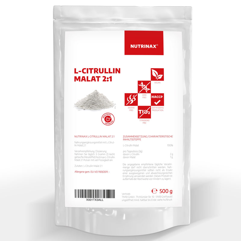 L-Citrulline Malate 2:1 Powder, 500 G, High Dose, Optimal Solubility, Vegan And No Additives, Made From Vegetable Fermentation, Amino Acid, Includes Measuring Spoon - NewNest Australia