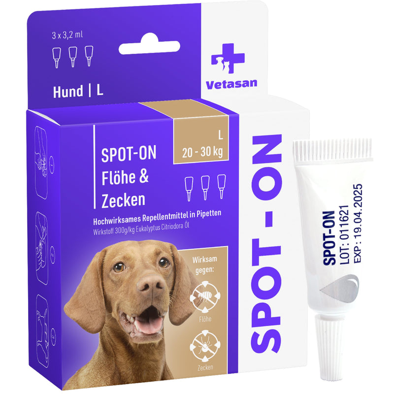Vetasan Spot-ON for dogs 20-30kg (L) | against fleas & ticks | 3 months protection | HIGHLY EFFECTIVE | Tick repellent for dogs tick protection | Dog flea treatment 20-30 kg (L) - PawsPlanet Australia