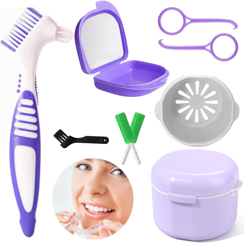 Denture Brush Set, Denture Container, Denture Bath Box, Denture Box With Mirror, With 2 X Aligner Removal Tools For Braces Or Dentures, Cleaning And Storing For Travel, Purple - NewNest Australia