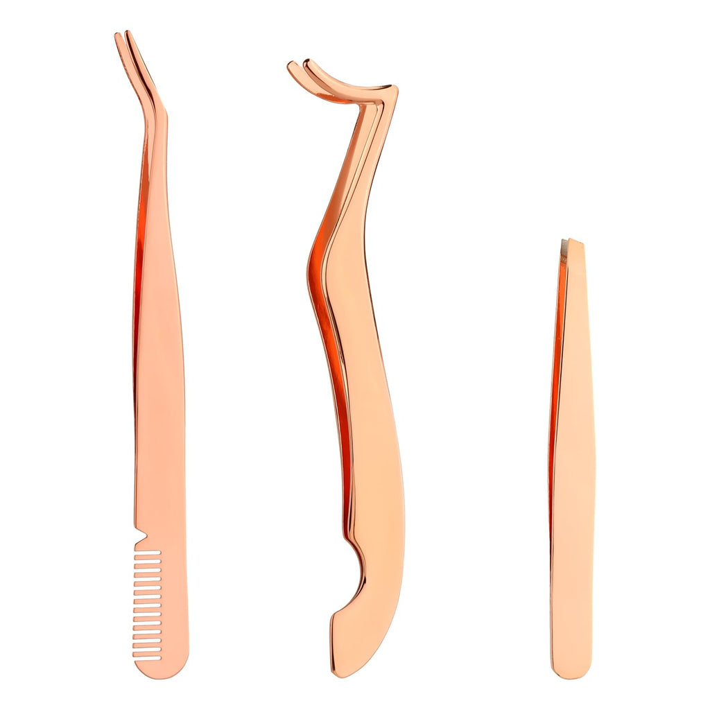 3-Piece Eyelash Tweezers Set, 3 Styles Eyelash Extension Tweezers, Stainless Steel Eyebrow Tweezers, Eyelash Applicator Tweezers, Eyelash Tweezers For False Eyelashes, Makeup (Rose Gold) - NewNest Australia