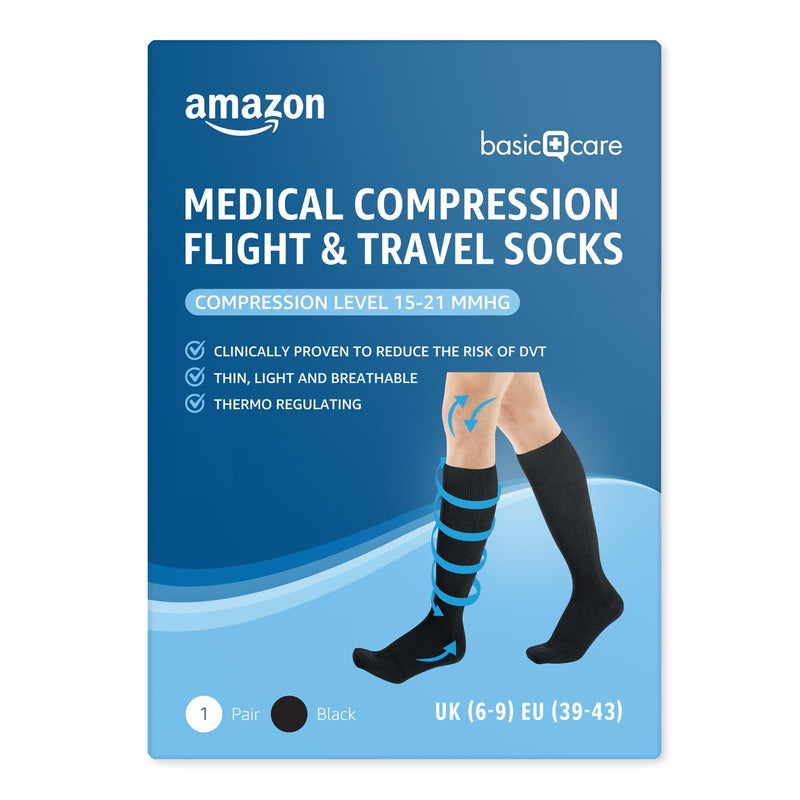 Amazon Basic Care Medical Compression Socks for Flight and Travel, Black, Size 39-43 39-43 - NewNest Australia