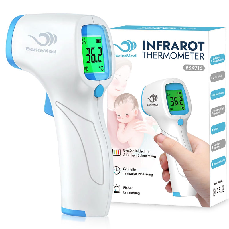 BerkeMed fever thermometer, contactless, infrared forehead thermometer, fever thermometer baby, for babies, children and adults, digital thermometer fever, immediate accurate readings, LCD display, white_blue - NewNest Australia