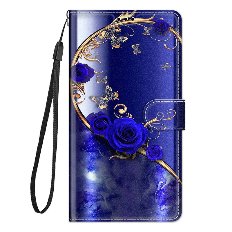 Everainy Compatible With Honor 90 Case Silicone Leather Flip Case Cover Wallet Card Slot Kickstand Pattern Motif Foldable Magnetic Cases Bumper Mobile Phone Case (Blue Rose) - NewNest Australia
